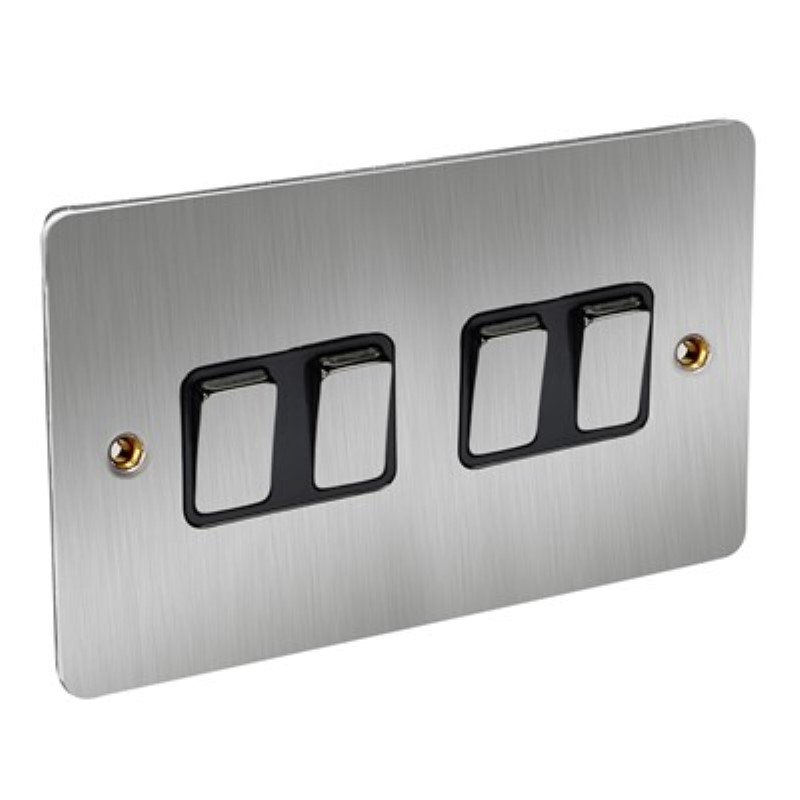 Flat Plate 10Amp 4 Gang 2 Way Switch *Satin Chrome/Black Insert - Click Image to Close